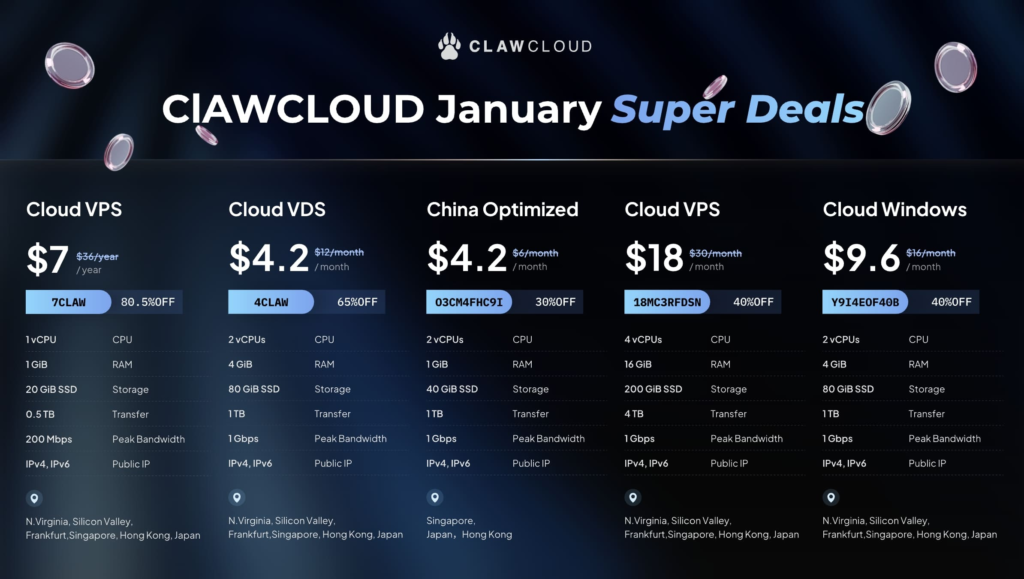 ClawCloud-最新优惠码,1月优惠促销,香港 / 日本 / 新加坡 / 德国 / 美东 / 美西 / VPS年付7美元起-HOSTZG