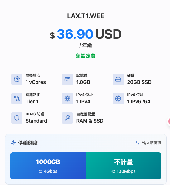 DMIT T1产品流量大升级,香港/日本/洛杉矶T1产品超量后限速 50Mbps -1Gbps无限流量,国际优化线路大流量大带宽产品$36.9/年起 DMIT T1产品流量大升级,香港/日本/洛杉矶T1产品超量后限速 50Mbps -1Gbps无限流量,国际优化线路大流量大带宽产品$36.9/年起